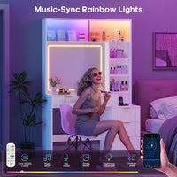 Sikaic Makeup Vanity Fluted Makeup Vanity with Sync Music LED Lights and Glass Top White White / Engineered Wood / Modern