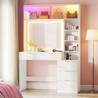 Sikaic Makeup Vanity Fluted Makeup Vanity with Sync Music LED Lights and Glass Top White White / Engineered Wood / Modern