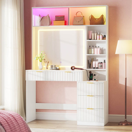 Sikaic Makeup Vanity Fluted Makeup Vanity with Sync Music LED Lights and Glass Top White White / Engineered Wood / Modern