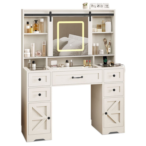 Sikaic Makeup Vanity LED Glass Top Makeup Vanity with Sliding Mirror White White / Engineered Wood / Modern