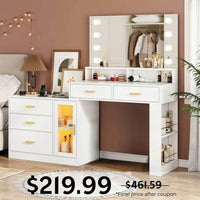 Sikaic Makeup Vanity LED Makeup Vanity Dresser with Mirror and Charging Station & 5 Drawers Cabinet Storage White White / Engineered Wood / Modern