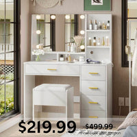 Sikaic Makeup Vanity LED Makeup Vanity Set with Mirror Cushioned Stool White White / Engineered Wood / Modern