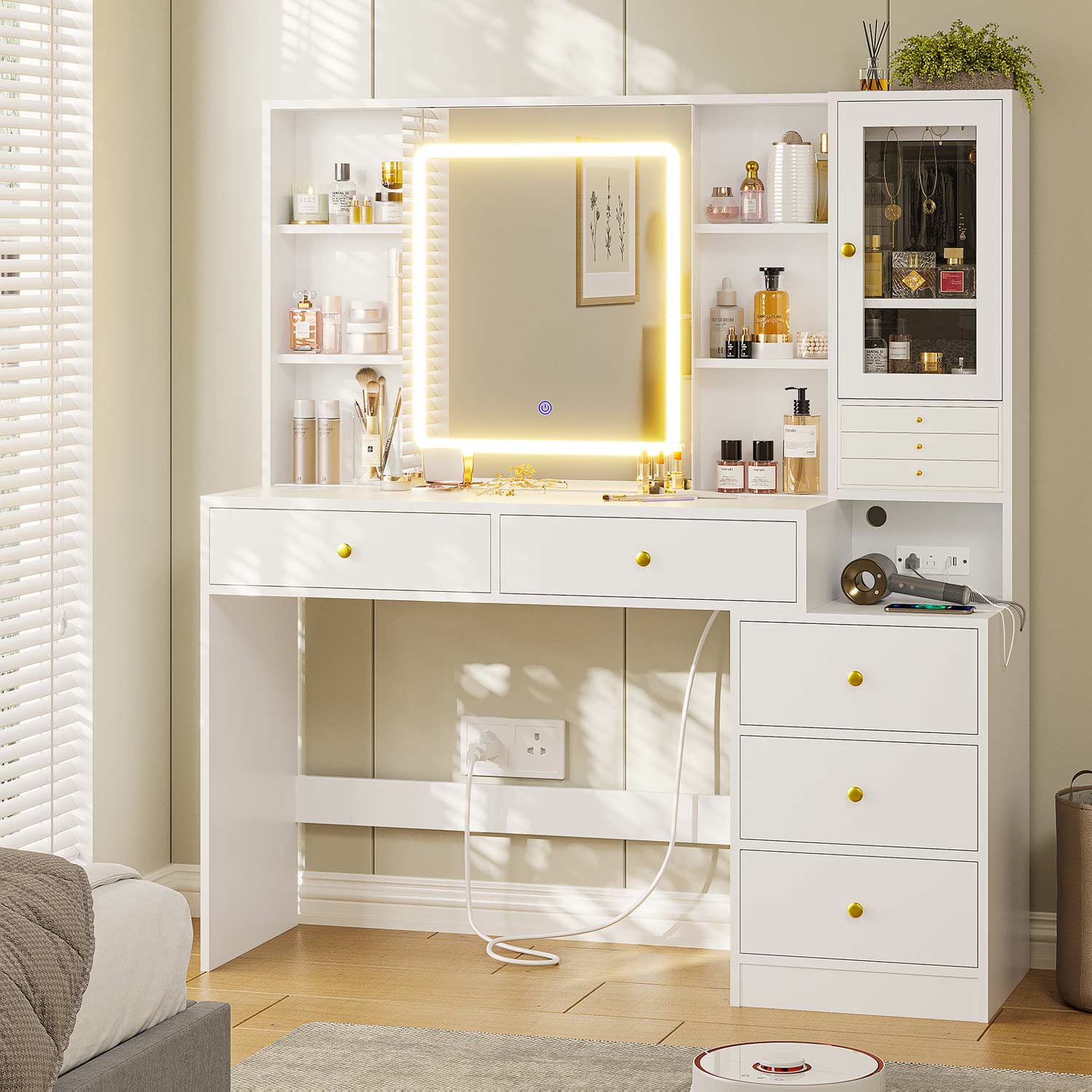 Sikaic LED Makeup Vanity with Outlets Jewelry Box White
