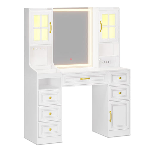 Sikaic Makeup Vanity LED Makeup Vanity with Charging Station White White / Engineered Wood / Modern