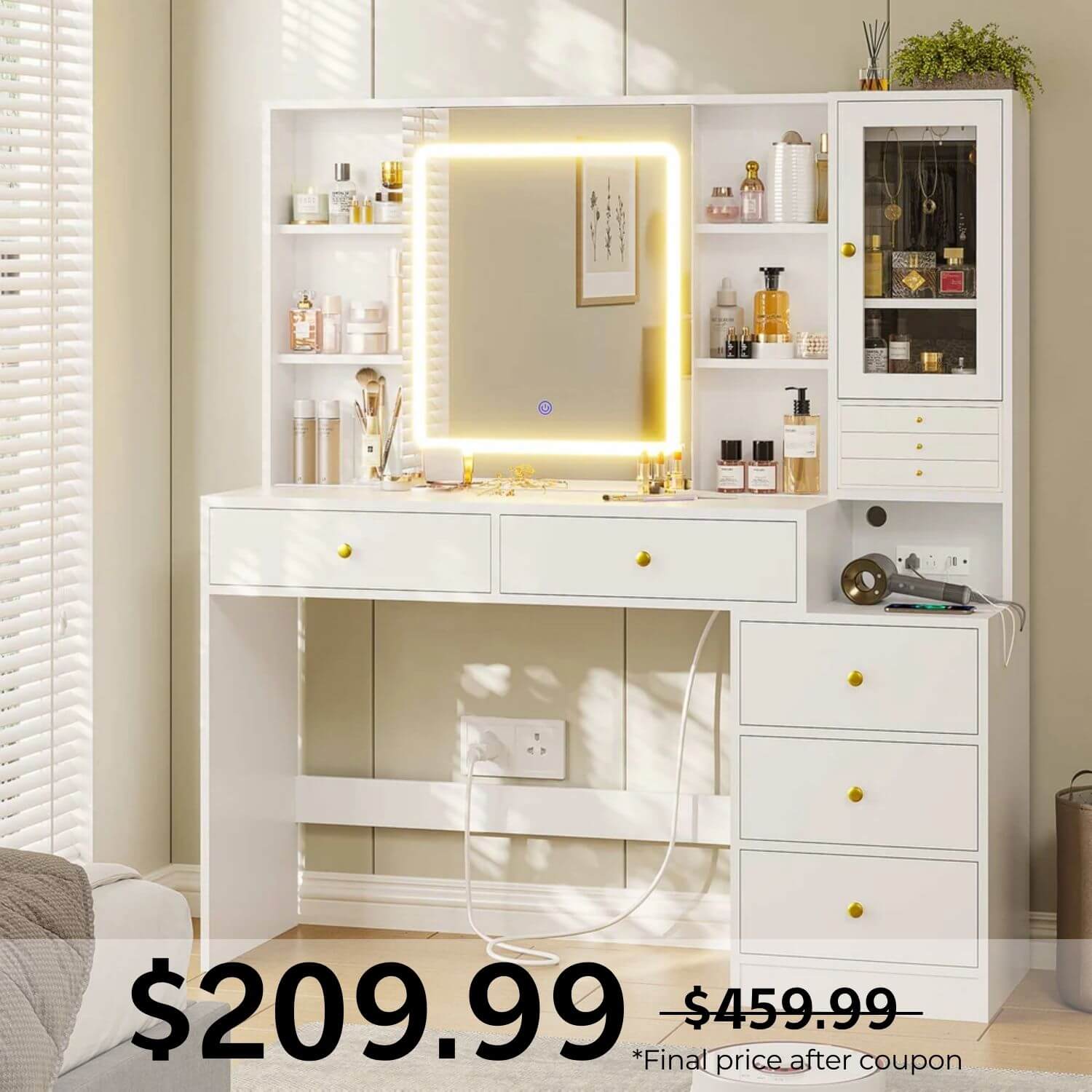 Sikaic Makeup Vanity Desk Dressing Tables with Sliding LED Lighted Mirror, Charging Station, Jewelry Organizer, 5 Drawers, Storage Shelves, White Sikaic Makeup Vanity Desk Dressing Tables with Sliding LED Lighted Mirror, Charging Station, Jewelry Organizer, 5 Drawers, Storage Shelves, White
