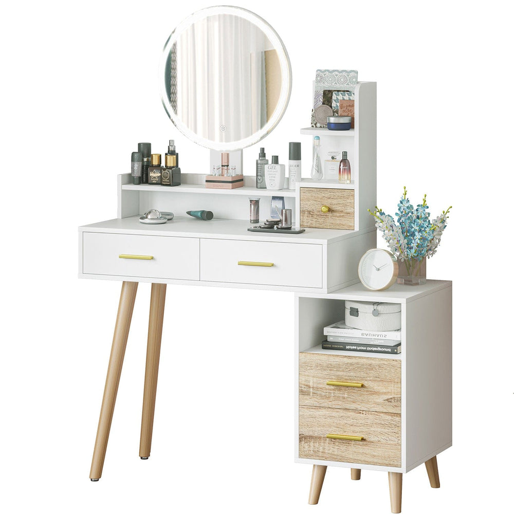 Sikaic Makeup Vanity LED Touch Screen Makeup Vanity Mirror with Nightstand and Open Shelves Storage Drawers White