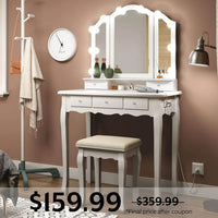 Sikaic Makeup Vanity Makeup Vanity Set with Stool and Lights Charging Station Tri-Fold Mirror & Necklace Hooks White White / Engineered Wood / Modern