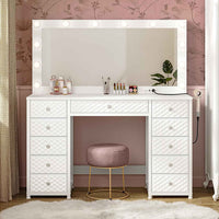 Sikaic Makeup Vanity Makeup Vanity with 11 Drawers and Extra Large Mirror White White / Engineered Wood / Modern