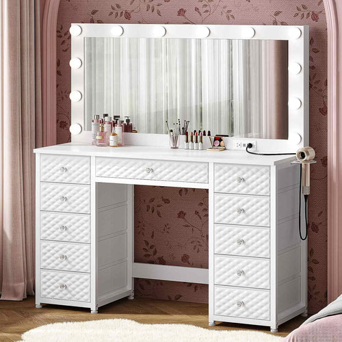 Sikaic Makeup Vanity Makeup Vanity with 11 Drawers and Extra Large Mirror White White / Engineered Wood / Modern
