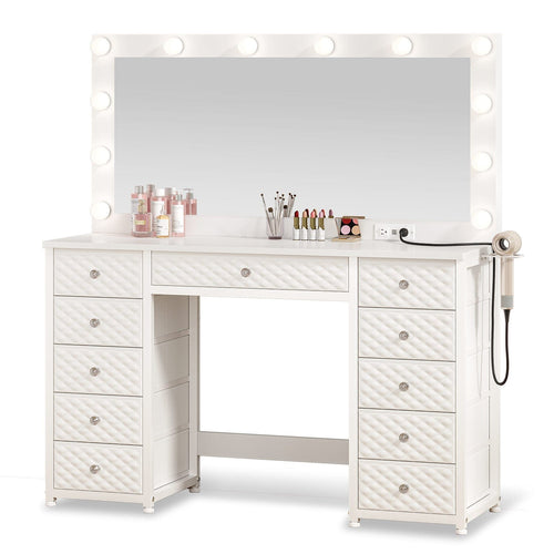 Sikaic Makeup Vanity Makeup Vanity with 11 Drawers and Extra Large Mirror White White / Engineered Wood / Modern