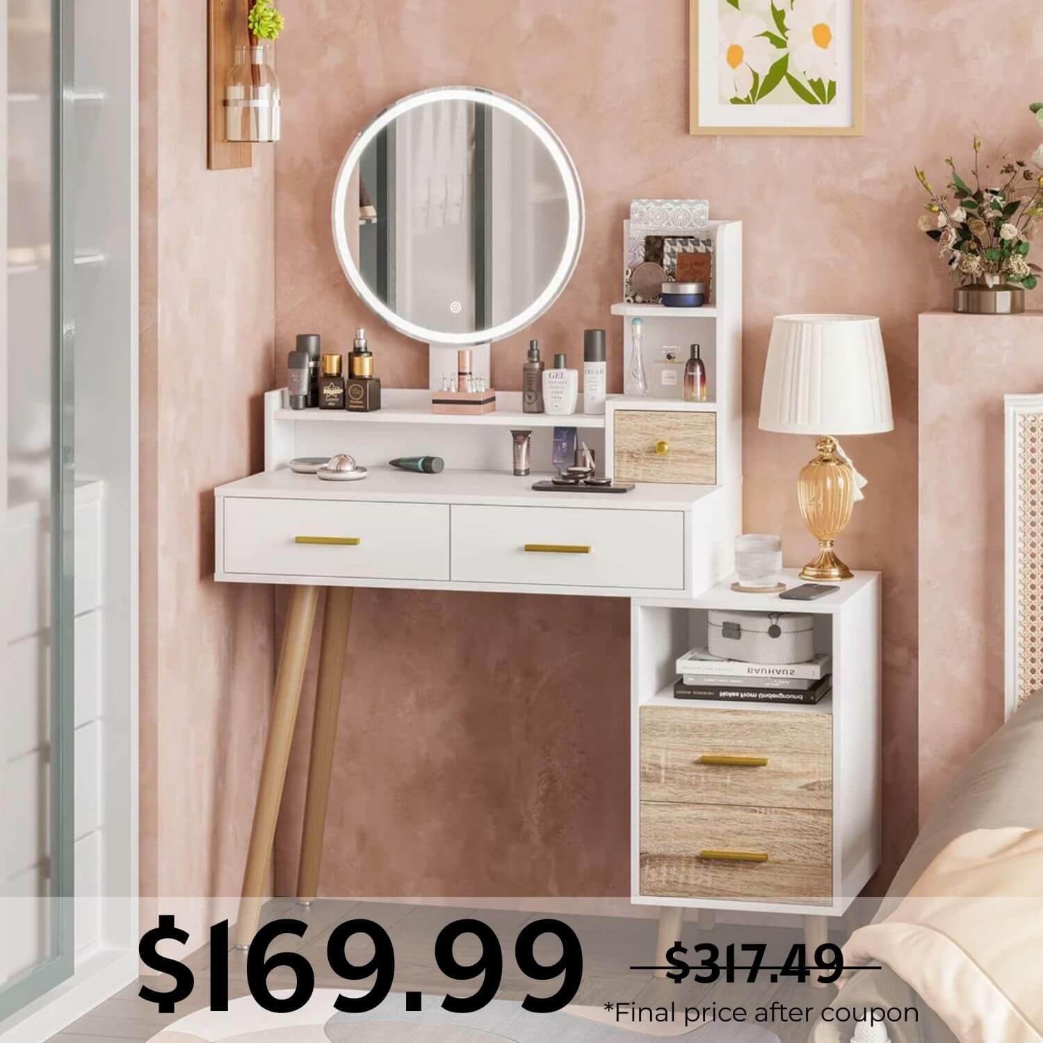 Sikaic LED Touch Screen Vanity with Nightstand Storage White Sikaic LED Touch Screen Vanity with Nightstand Storage White