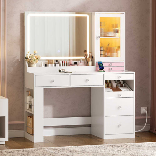 Sikaic Makeup Vanity Makeup Vanity with Mirror and LED Cabinet White White / Engineered Wood / Modern