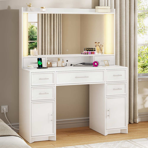Sikaic Makeup Vanity Makeup Vanity with Mirror and Lights White White / Engineered Wood / Modern