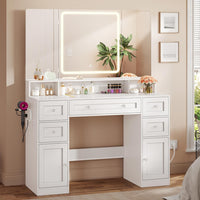 Sikaic Makeup Vanity Makeup Vanity with Trifold Mirror and Charging Station White White / Engineered Wood / Modern