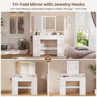 Sikaic Makeup Vanity Makeup Vanity with Trifold Mirror and Charging Station White White / Engineered Wood / Modern