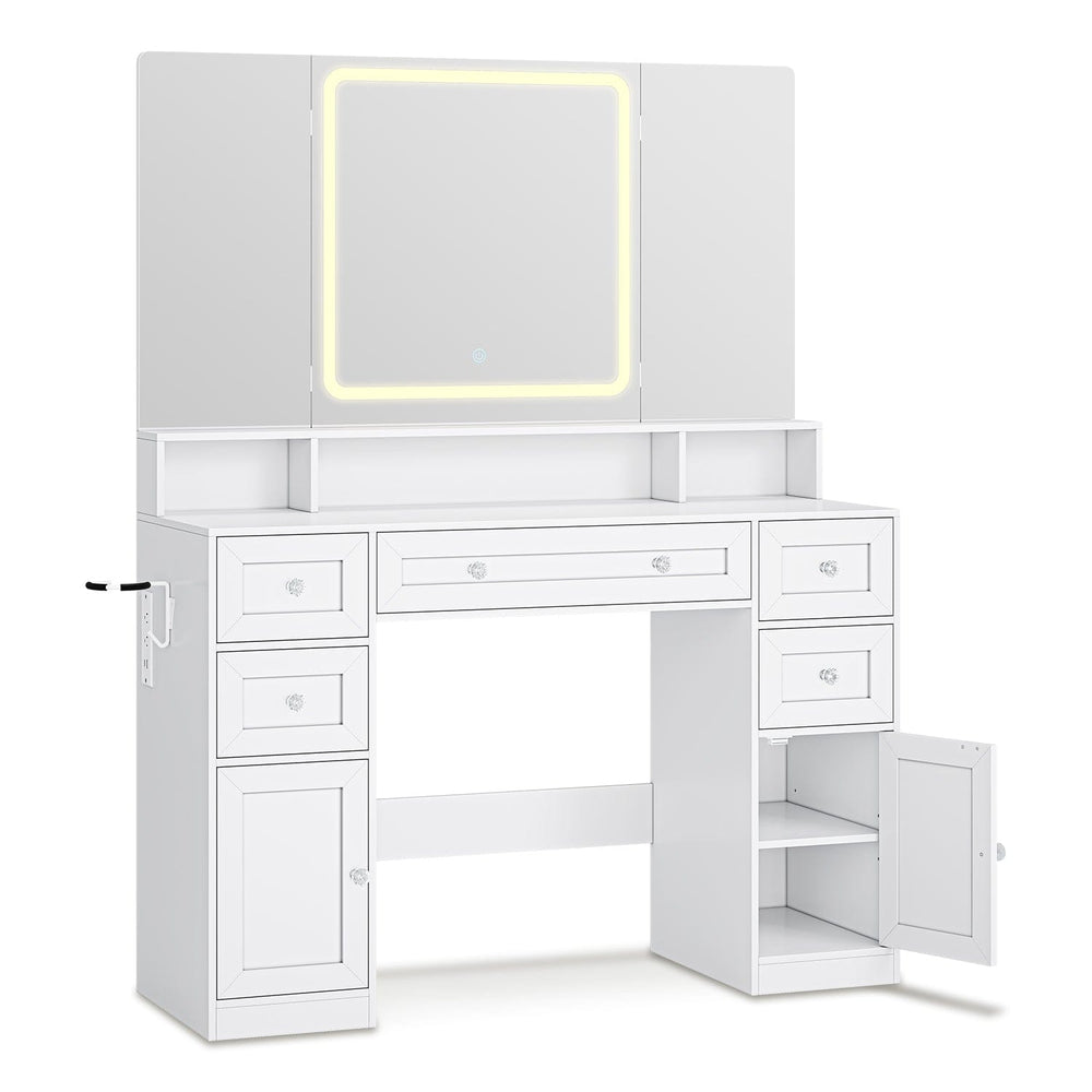 Sikaic Makeup Vanity Makeup Vanity with Trifold Mirror and Charging Station White White / Engineered Wood / Modern