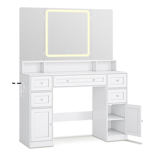 Sikaic Makeup Vanity Makeup Vanity with Trifold Mirror and Charging Station White White / Engineered Wood / Modern