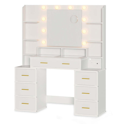 Sikaic Makeup Vanity Glass Top Makeup Vanity with Lighted Mirror White White / Glass / Modern