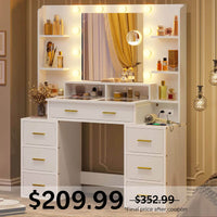 Sikaic Makeup Vanity Glass Top Makeup Vanity with Lighted Mirror White White / Glass / Modern