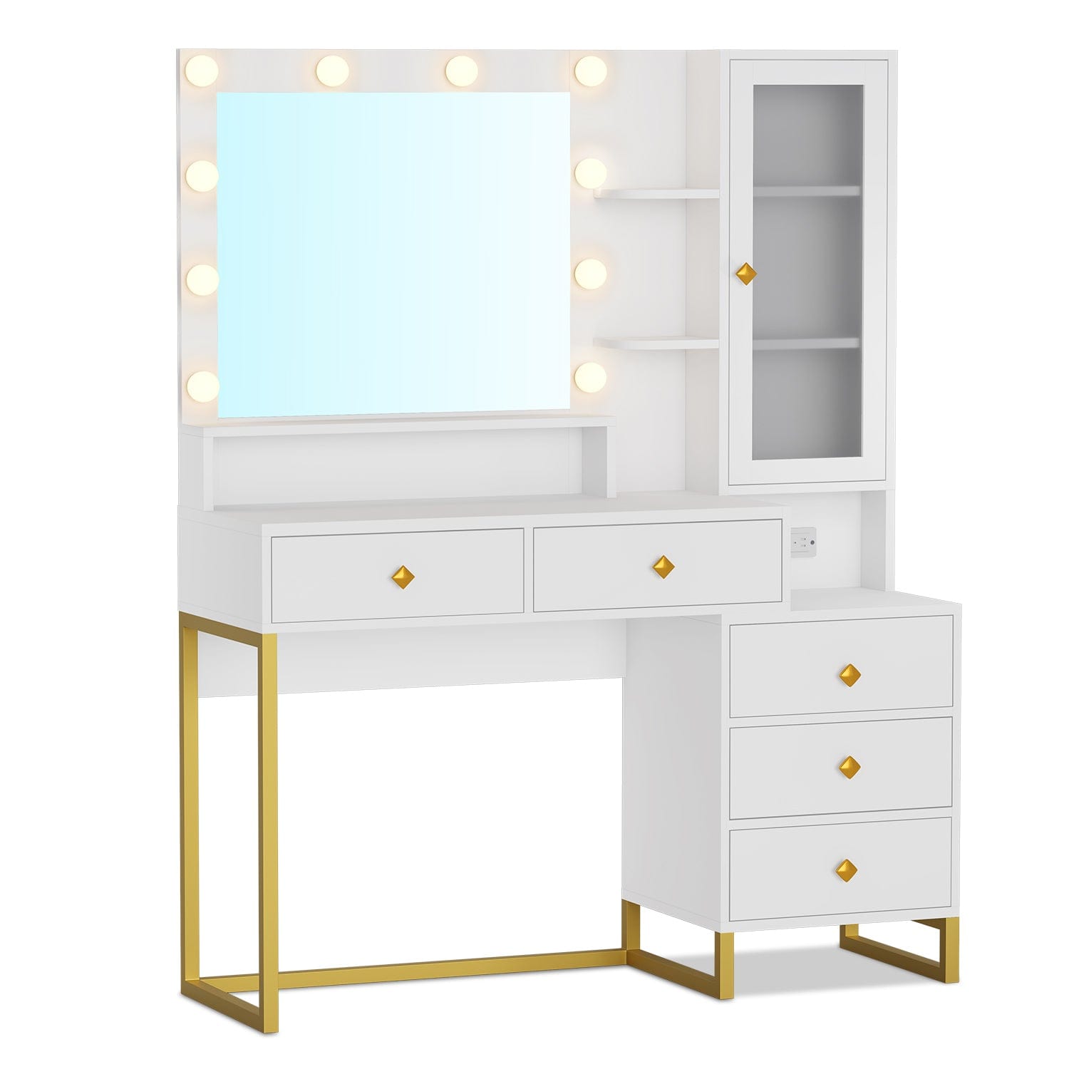 Sikaic LED Makeup Vanity With Outlet Drawers White & Gold Sikaic LED Makeup Vanity With Outlet Drawers White & Gold