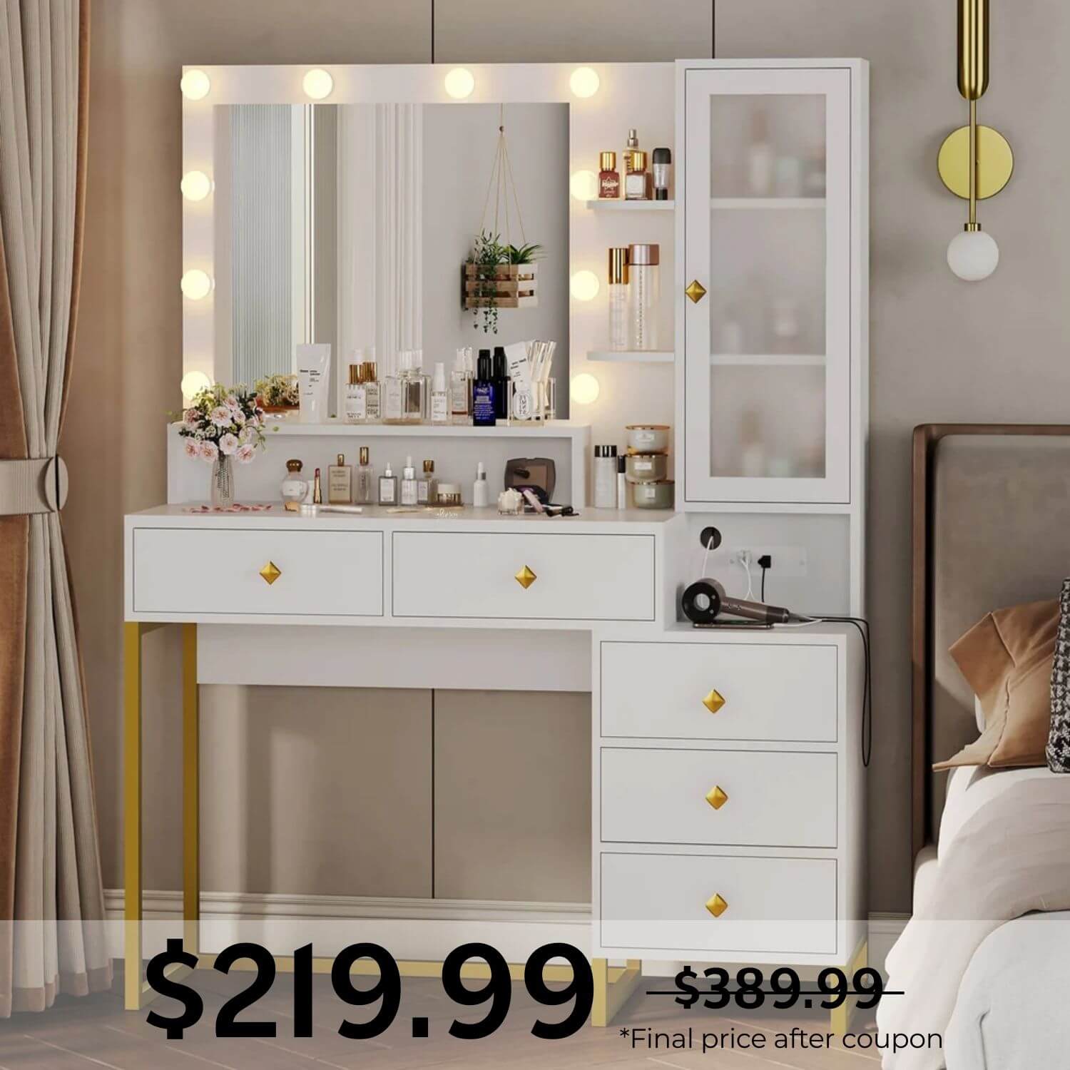Makeup Vanity Desk with Hollywood Mirror 5 Drawers White Gold Modern - Sikaic - Dressing Table Makeup Vanity Desk with Hollywood Mirror 5 Drawers White Gold Modern - Sikaic - Dressing Table