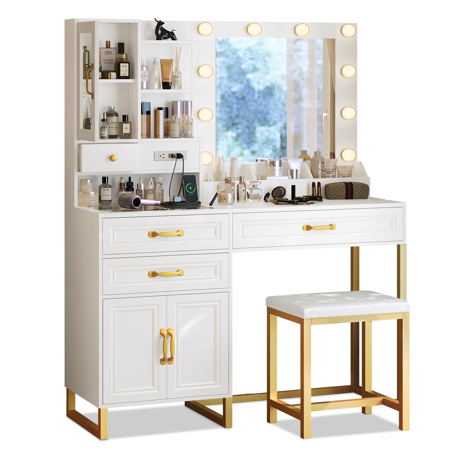 Glass Top Makeup Vanity Set with Bench Lighted Mirror White Gold Modern - Sikaic - Dressing Table Glass Top Makeup Vanity Set with Bench Lighted Mirror White Gold Modern - Sikaic - Dressing Table