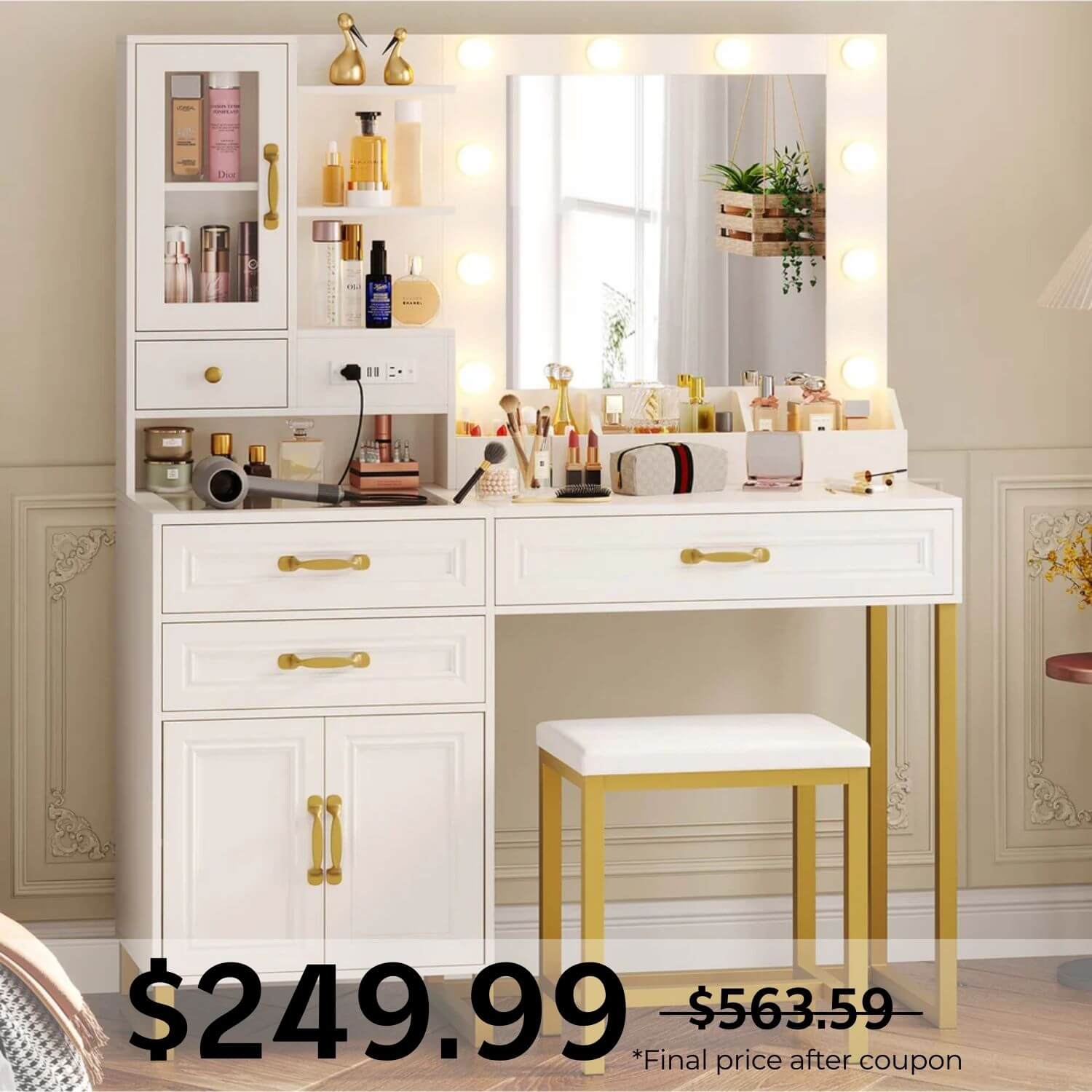 Glass Top Makeup Vanity Set with Bench Lighted Mirror White Gold Modern - Sikaic - Dressing Table Glass Top Makeup Vanity Set with Bench Lighted Mirror White Gold Modern - Sikaic - Dressing Table