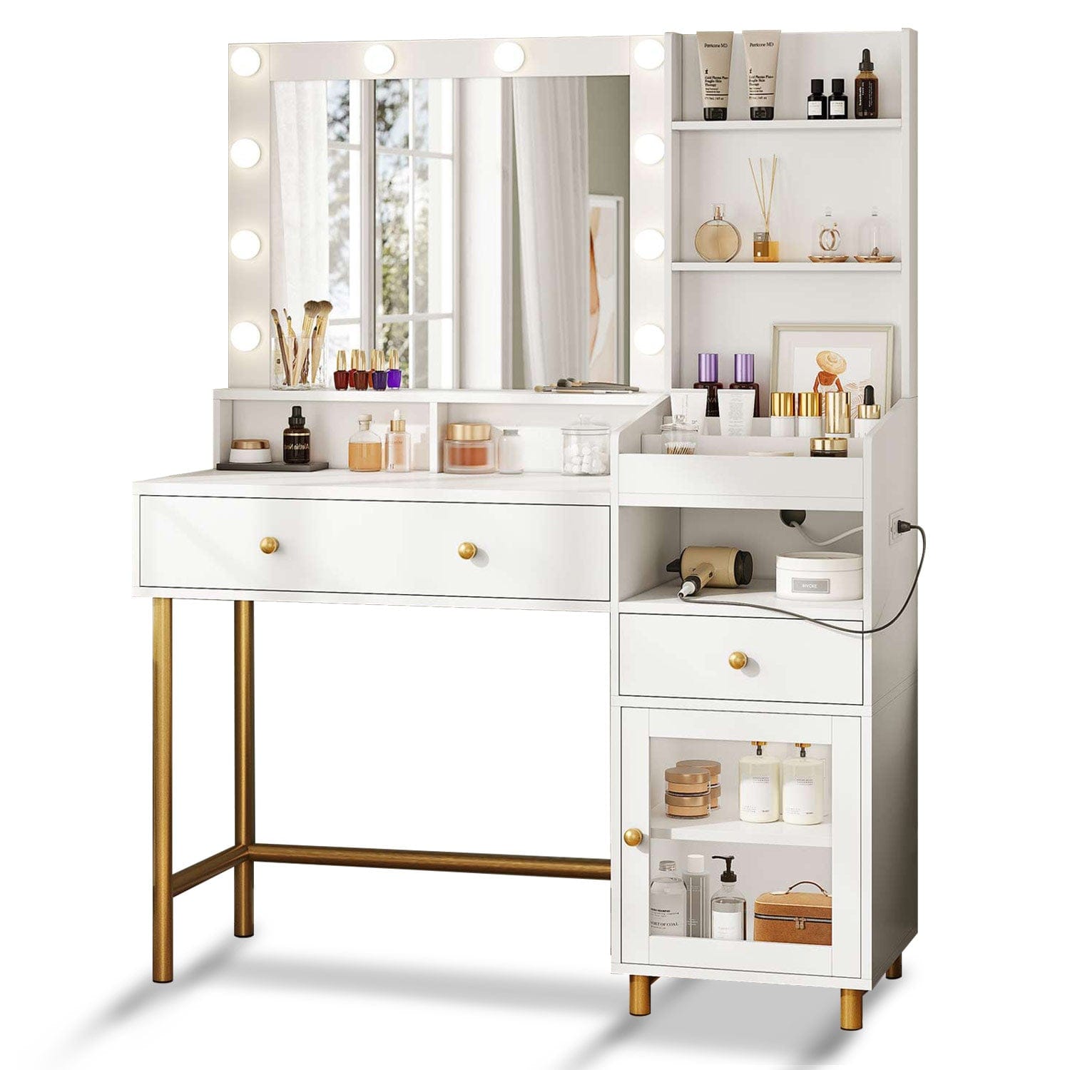 Verinch White Vanity Makeup Table With 10 LED Lights And Sliding Door | Modern Dressing Desk For Bedroom With Power Outlets And USB Ports