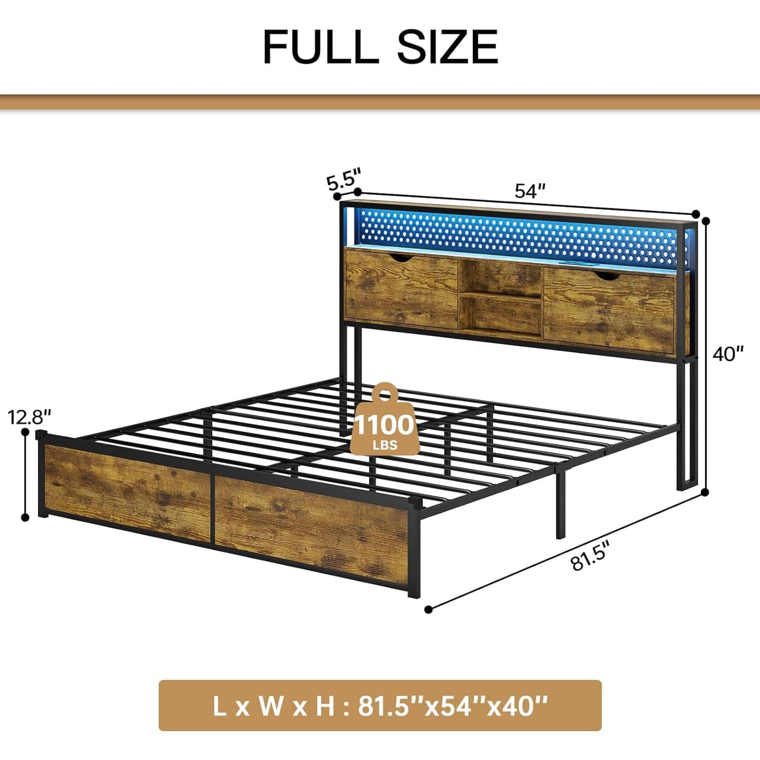 Sikaic Metal Platform LED Bed Frame Brown