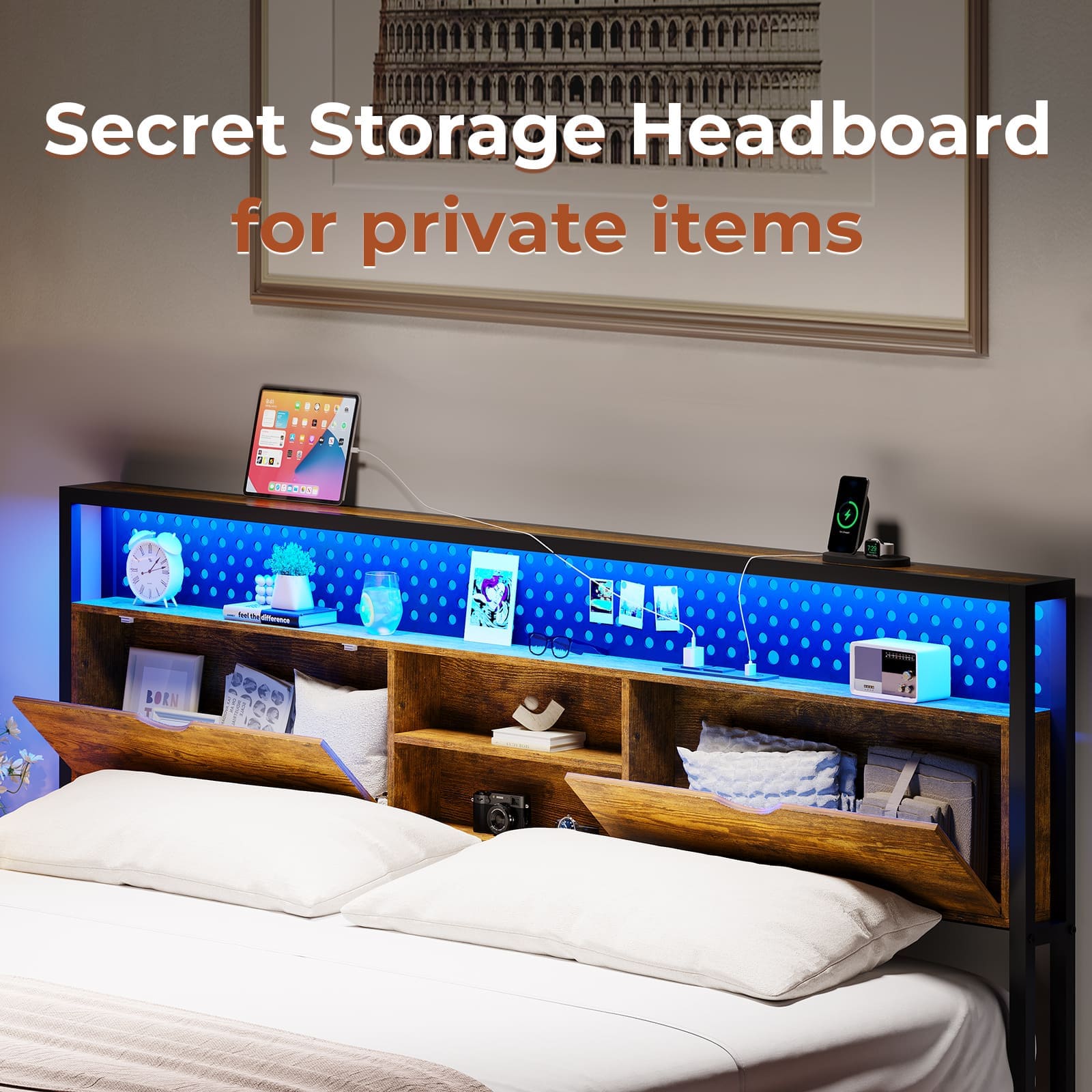 Sikaic Metal Platform LED Bed Frame Brown