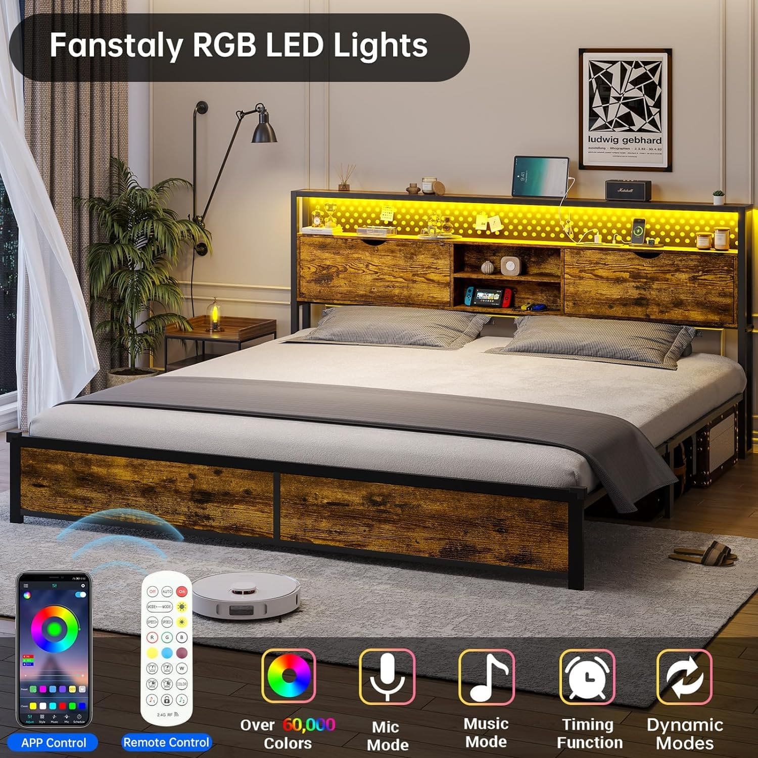 Sikaic Metal Platform LED Bed Frame Brown