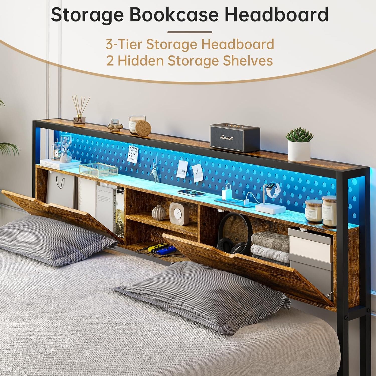 Sikaic Metal Platform LED Bed Frame with Drawers Brown