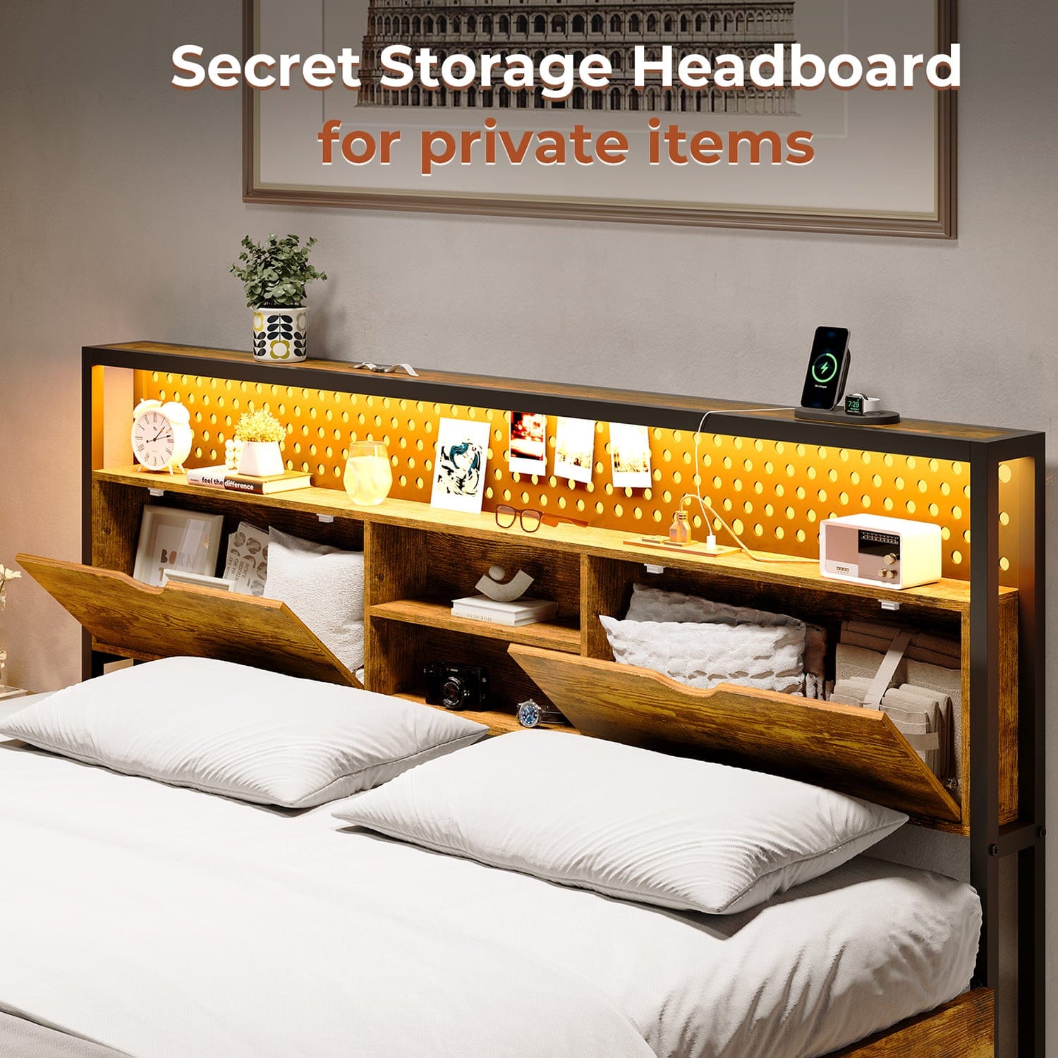 Sikaic Metal Platform LED Bed Frame with Drawers Brown