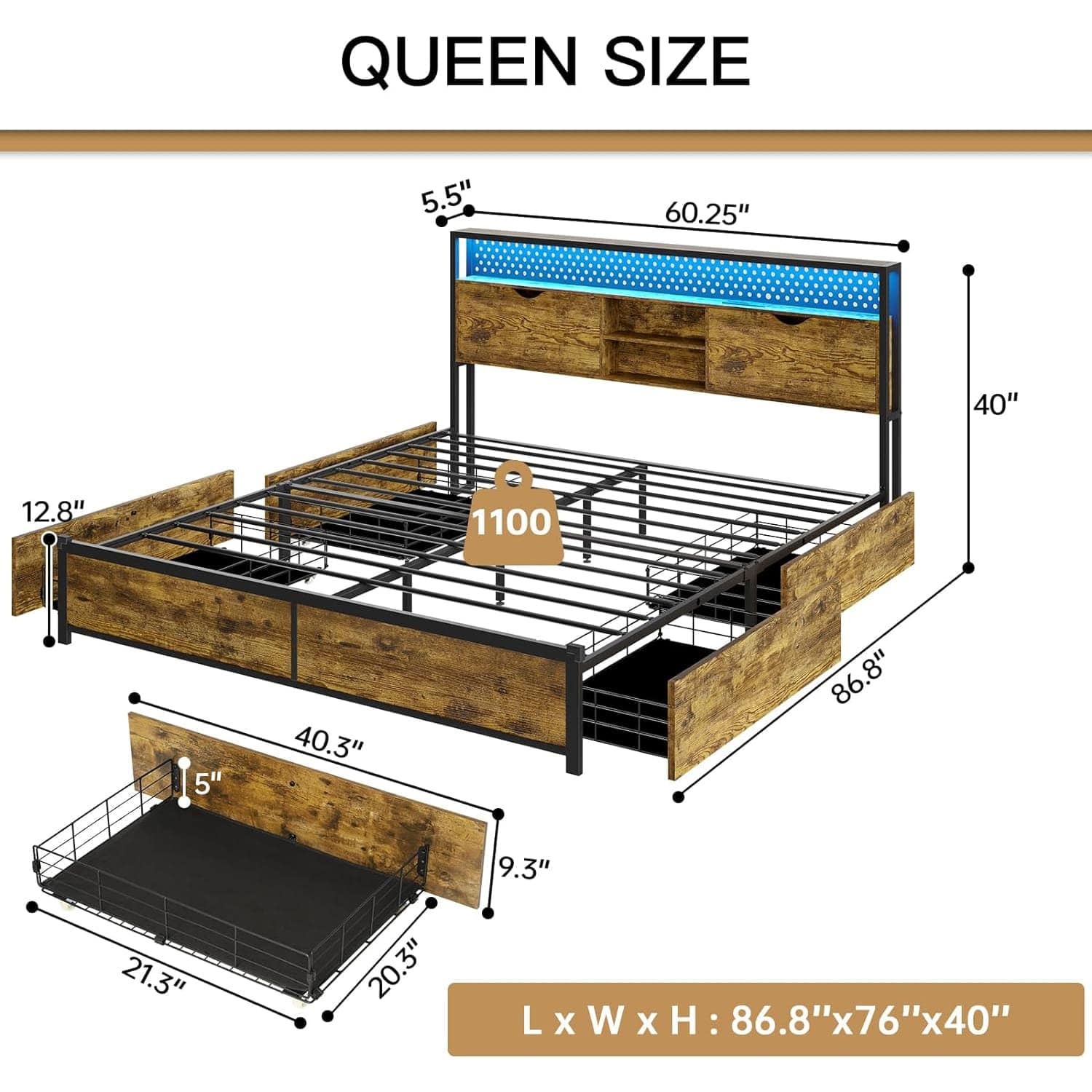 Sikaic Metal Platform LED Bed Frame with Drawers Brown