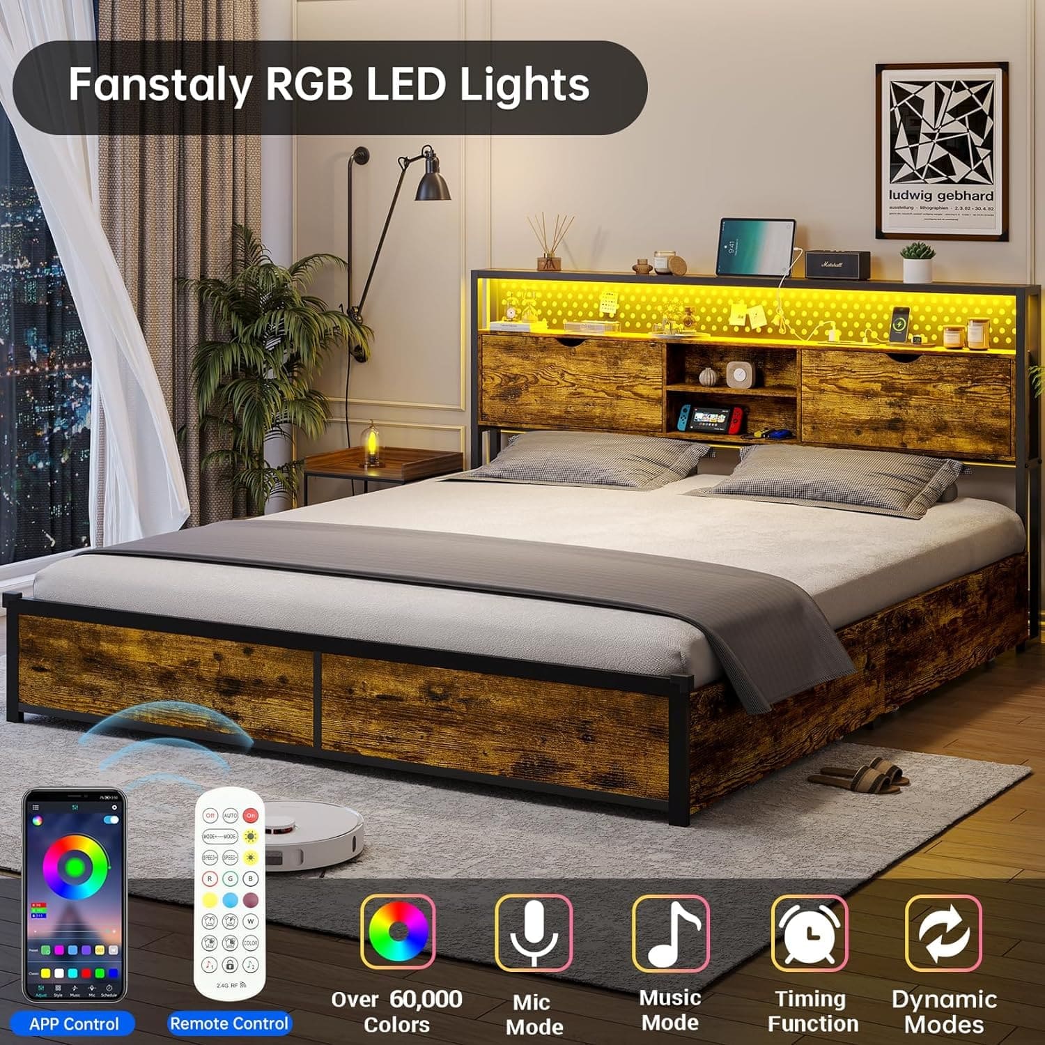 Sikaic Metal Platform LED Bed Frame with Drawers Brown