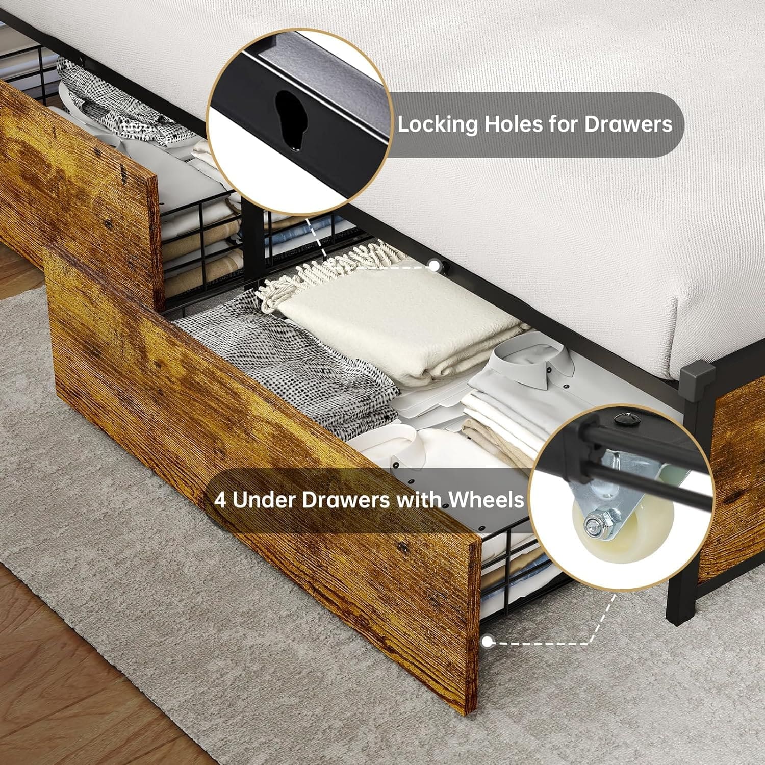 Sikaic Metal Platform LED Bed Frame with Drawers Brown