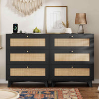 Sikaic Nightstand 2PCS Rattan Nightstand with Charging Station Black Black / Engineered Wood / Bohemian