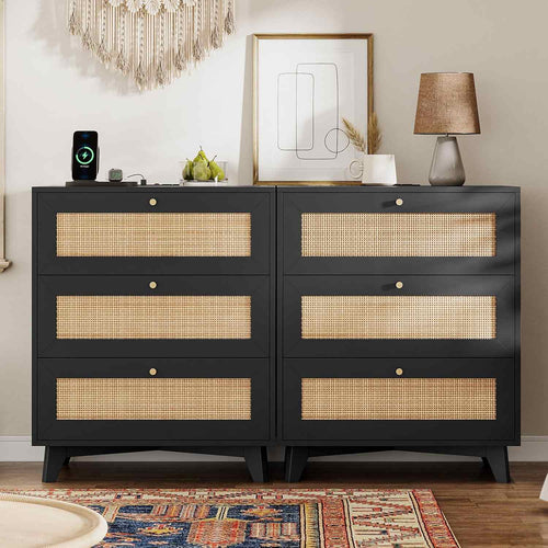 Sikaic Nightstand 2PCS Rattan Nightstand with Charging Station Black Black / Engineered Wood / Bohemian