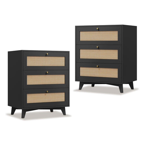 Sikaic Nightstand 2PCS Rattan Nightstand with Charging Station Black Black / Engineered Wood / Bohemian