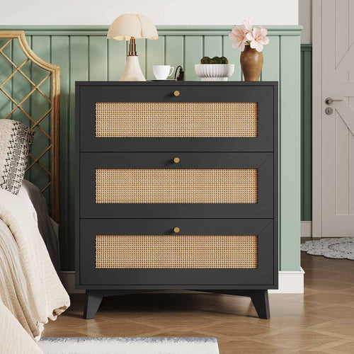 Sikaic Nightstand Rattan Nightstand with Charging Station Black Black / Engineered Wood / Bohemian