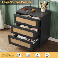 Sikaic Nightstand Rattan Nightstand with Charging Station Black Black / Engineered Wood / Bohemian