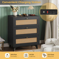 Sikaic Nightstand Rattan Nightstand with Charging Station Black Black / Engineered Wood / Bohemian