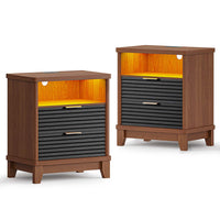 Sikaic Nightstand 2PCS Fluted Nightstand with Charging Station and Led Lights Black Black / Engineered Wood / Mid-Century