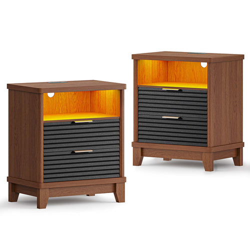 Sikaic Nightstand 2PCS Fluted Nightstand with Charging Station and Led Lights Black Black / Engineered Wood / Mid-Century
