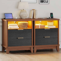 Sikaic Nightstand 2PCS Fluted Nightstand with Charging Station and Led Lights Black Black / Engineered Wood / Mid-Century