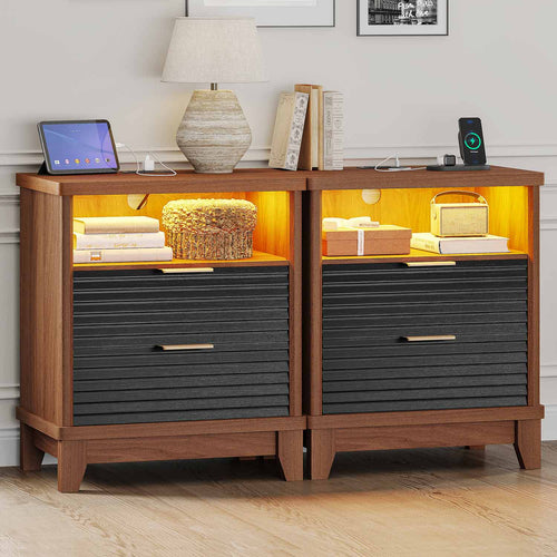 Sikaic Nightstand 2PCS Fluted Nightstand with Charging Station and Led Lights Black Black / Engineered Wood / Mid-Century