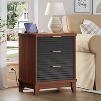 Sikaic Nightstand Fluted Nightstand with Charging Station and 3 Drawers Black Black / Engineered Wood / Mid Century