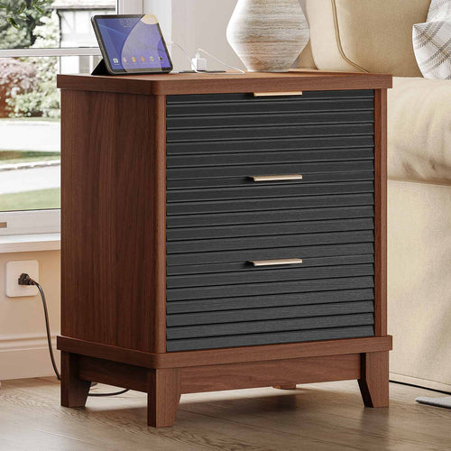 Sikaic Nightstand Fluted Nightstand with Charging Station and 3 Drawers Black Black / Engineered Wood / Mid Century