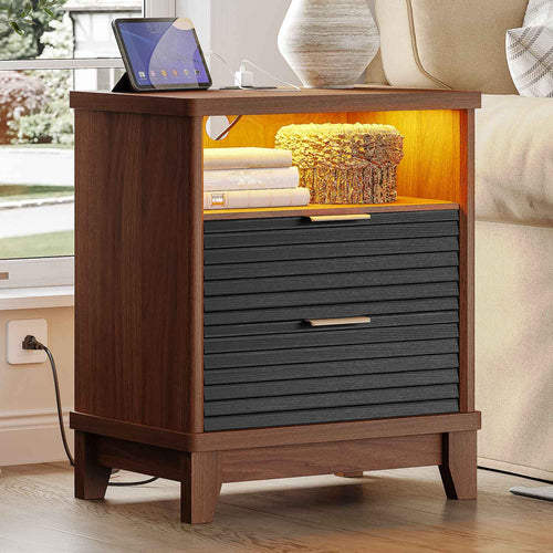 Sikaic Nightstand Fluted Nightstand with Charging Station and Led Lights Black Black / Engineered Wood / Mid-Century