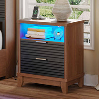 Sikaic Nightstand Fluted Nightstand with Charging Station and Led Lights Black Black / Engineered Wood / Mid-Century